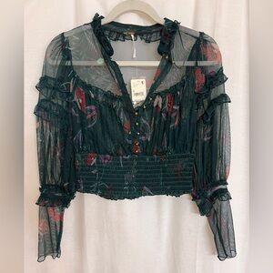 Free People Sheer dark green/floral  Blouse
